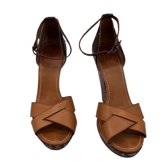 Tory Burch Brown Leather Python Platform Wedge Sandals Size 9 1/2 Women’s - Picture 1 of 10